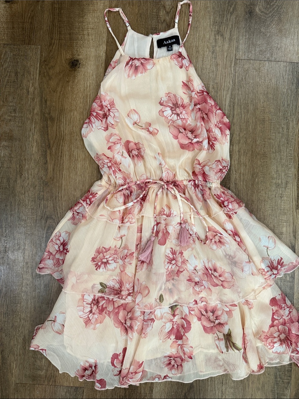 Aakaa Floral Tiered Ruffle Midi Dress Pink Cream Small